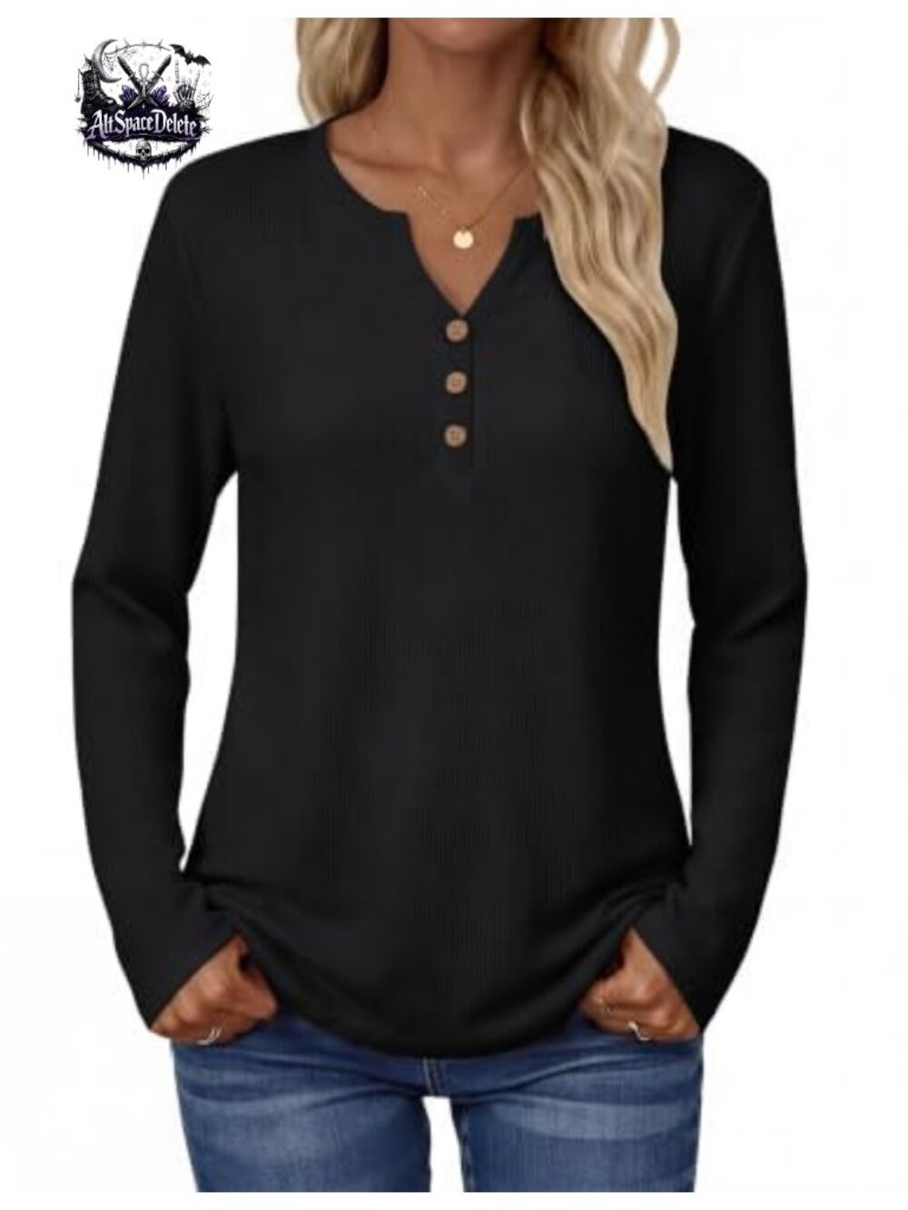Waffle Knit Henley V Neck Long Sleeve Tunic Top Loose Fit